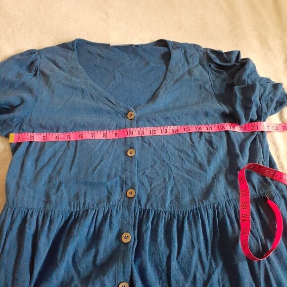 Susan Graver Women's Size 1X Blue Linen Blend Tiered Button Front Midi Dress - Picture 11 of 13